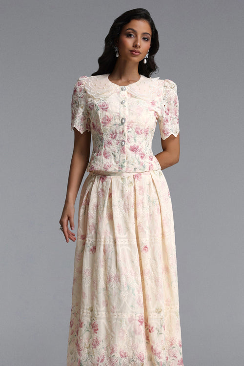 Bella Barnett Ignacia Short Sleeve Floral Print Embroidered Woven Top And Skirt Formal Evening Two-piece Set