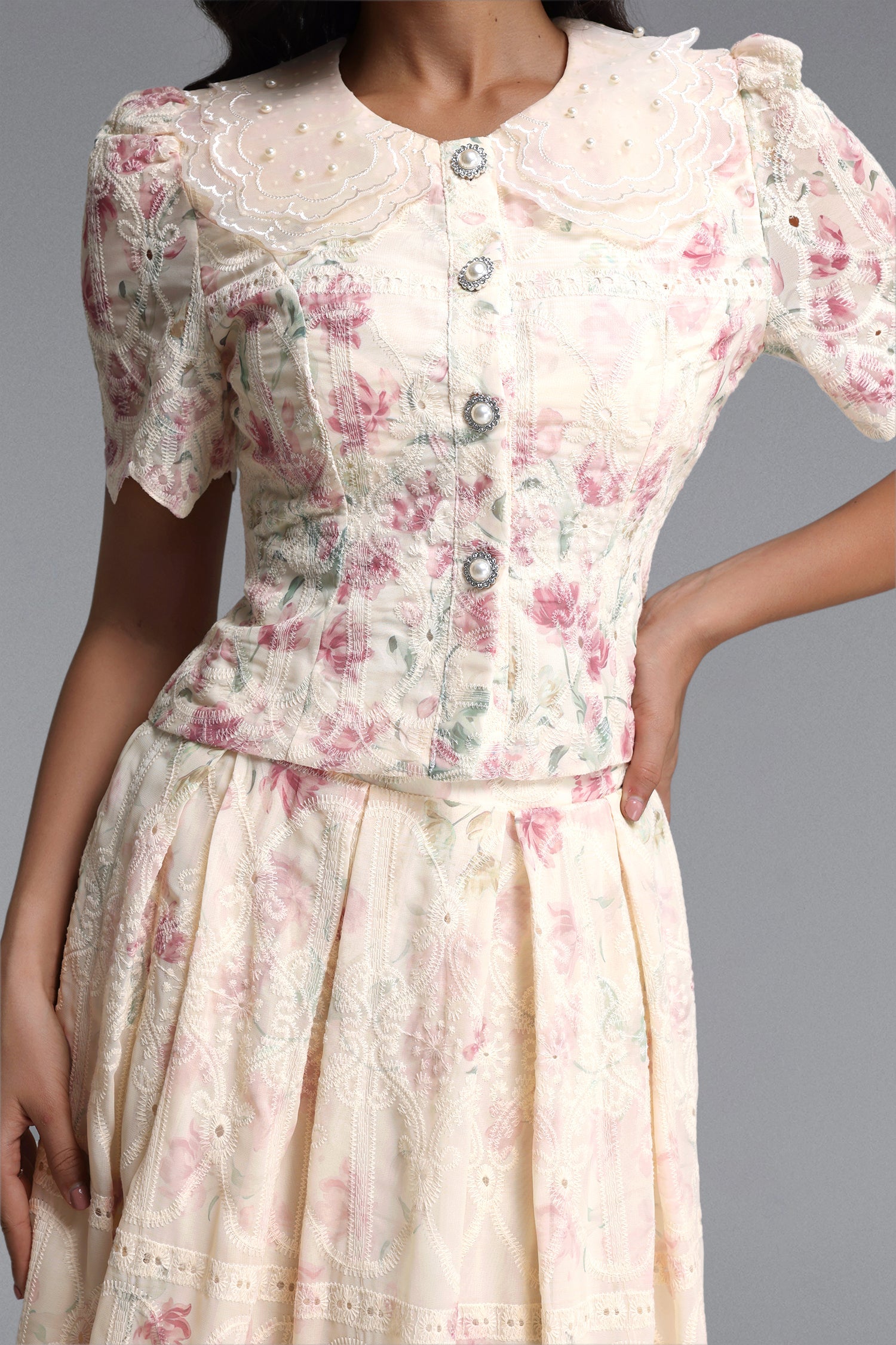 Bella Barnett Ignacia Short Sleeve Floral Print Embroidered Woven Top And Skirt Formal Evening Two-piece Set