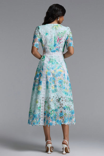 Bella Barnett Pillose Round Neck Short Sleeve Floral Print Lace Formal Prom Evening Gown