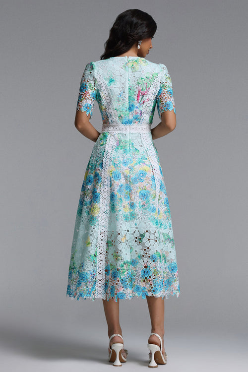 Bella Barnett Pillose Round Neck Short Sleeve Floral Print Lace Formal Prom Evening Gown