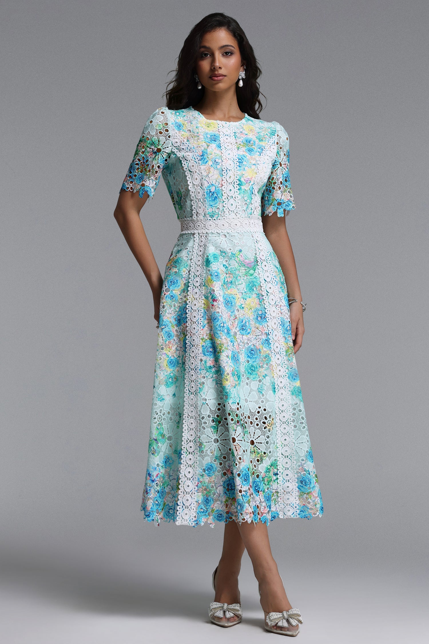Bella Barnett Pillose Round Neck Short Sleeve Floral Print Lace Formal Prom Evening Gown