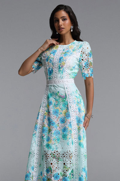 Bella Barnett Pillose Round Neck Short Sleeve Floral Print Lace Formal Prom Evening Gown
