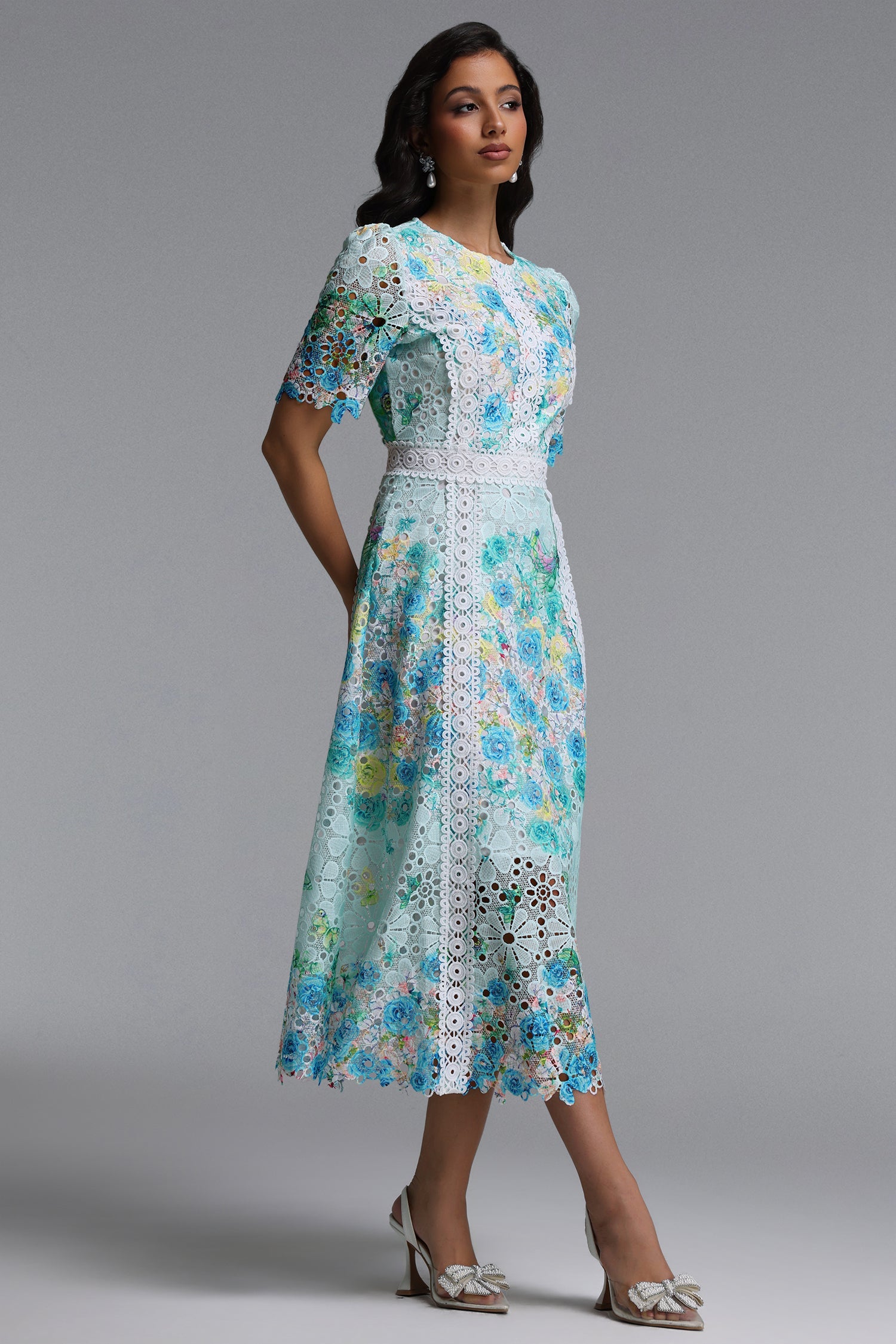 Bella Barnett Pillose Round Neck Short Sleeve Floral Print Lace Formal Prom Evening Gown