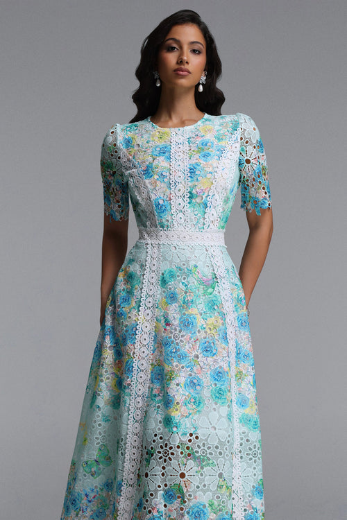 Bella Barnett Pillose Round Neck Short Sleeve Floral Print Lace Formal Prom Evening Gown
