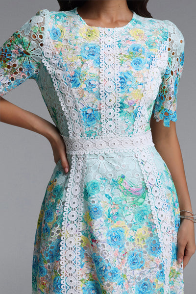 Bella Barnett Pillose Round Neck Short Sleeve Floral Print Lace Formal Prom Evening Gown