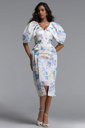 Bella Barnett Wezal Floral Print Stripe Woven Cocktail Party Midi Dress