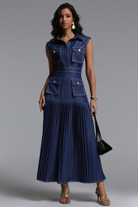 Bella Barnett Jouy Blue Sleeveless Pleated Formal Prom Evening Gown
