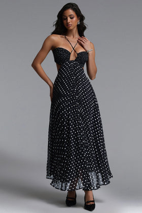 Bella Barnett Loka Sleeveless Cut Out Pleated Polka Dot Woven Formal Prom Evening Gown