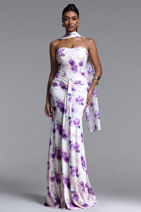 Bella Barnett Olivia Strapless Scarf Ruched Floral Print Mesh Formal Prom Evening Gown
