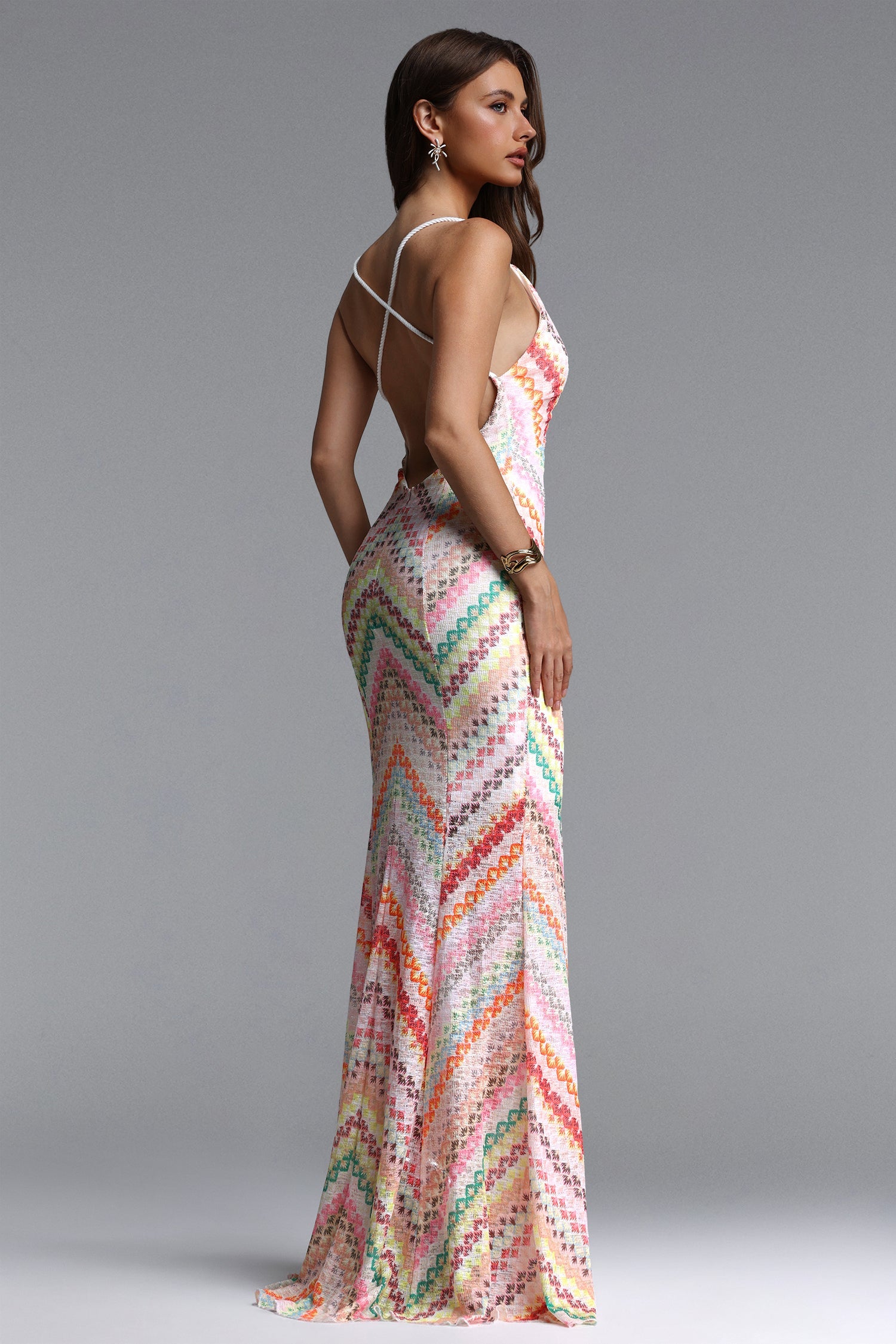 Bella Barnett Salama V Neck Sleeveless Print Woven Formal Prom Evening Gown
