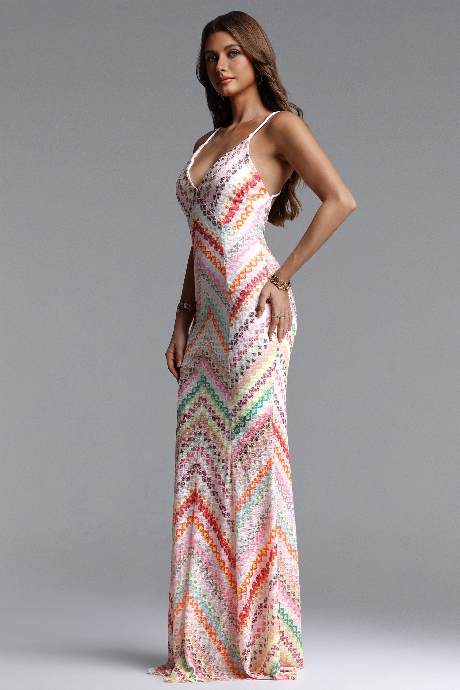 Bella Barnett Salama V Neck Sleeveless Print Woven Formal Prom Evening Gown