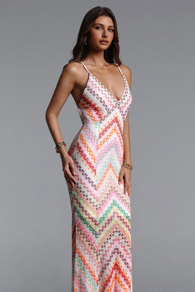 Bella Barnett Salama V Neck Sleeveless Print Woven Formal Prom Evening Gown