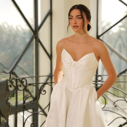 Strapless Corset A-Line Gown Wedding Dress with Pockets and Train Satin Gown by Tina Holly TE704