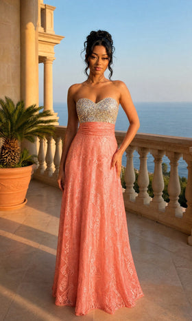 La Femme 20385 Floor-Length Sweetheart Beaded Lace Prom Dress with Open Back