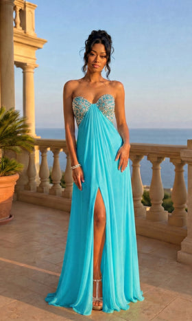 La Femme 20784 Floor-Length Beaded Chiffon Empire Waist Prom Dress with Slit