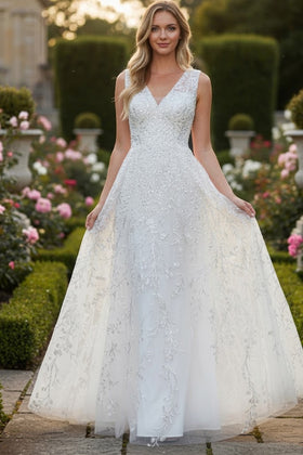 Wedding Dress Long V-Neck Sleeveless A-Line Gown By Lenovia 8337
