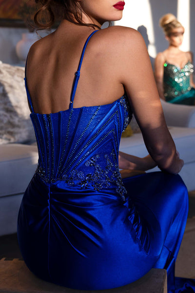 Beaded Corset Satin Evening Gown with High Slit Spaghetti Strap Formal Dress by Lenovia 8482