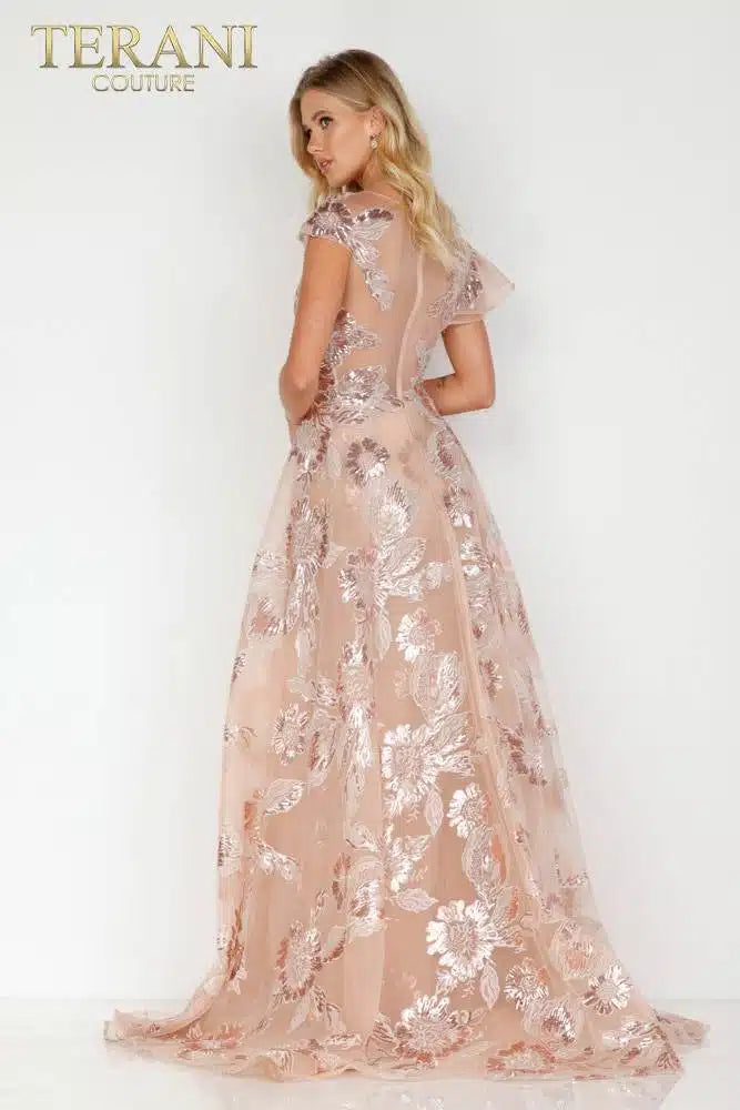 Vestido de fiesta con abertura alta en oro rosa Terani Couture 2111e4724