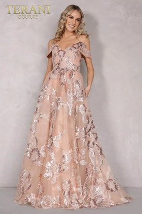Terani Couture 2111P4104 Elegant Sophisticated Formal Off-Shoulder Evening Lace Dress