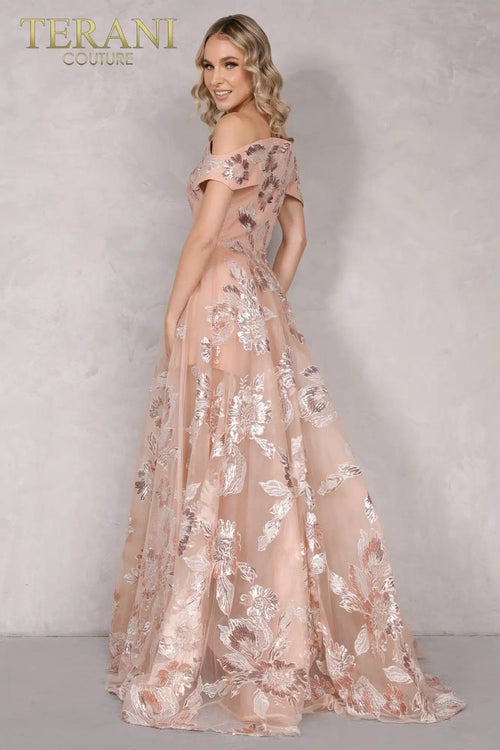 Terani Couture 2111P4104 Elegant Sophisticated Formal Off-Shoulder Evening Lace Dress