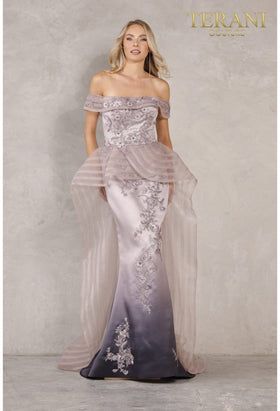 Terani Couture 2111E4746 Evening Off-Shoulder Sequined Beaded Long Formal Tulle Dress