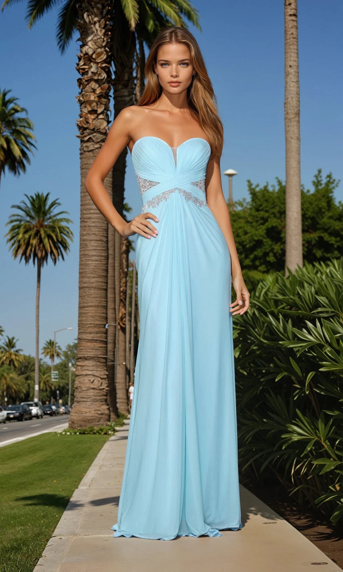 A woman stands on a palm-lined sidewalk wearing the La Femme Dress 21256, a light blue strapless sweetheart gown with an embellished bodice and silver detailing at the waist.
