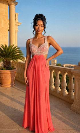 La Femme 21329 Floor-Length V-Neck Embroidered A-Line Prom Dress with Open Back and Cutouts
