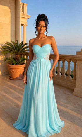 La Femme 21331 Floor-Length Strapless Embroidered Chiffon Prom Dress with Open Back