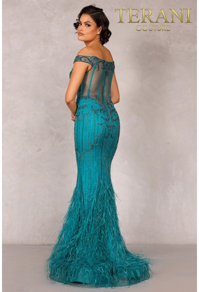 Off Shoulder Mermaid Feather Dress By Terani - 2214gl0113