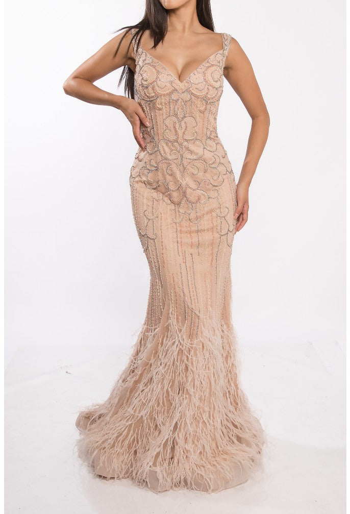 Off Shoulder Mermaid Feather Dress By Terani - 2214gl0113