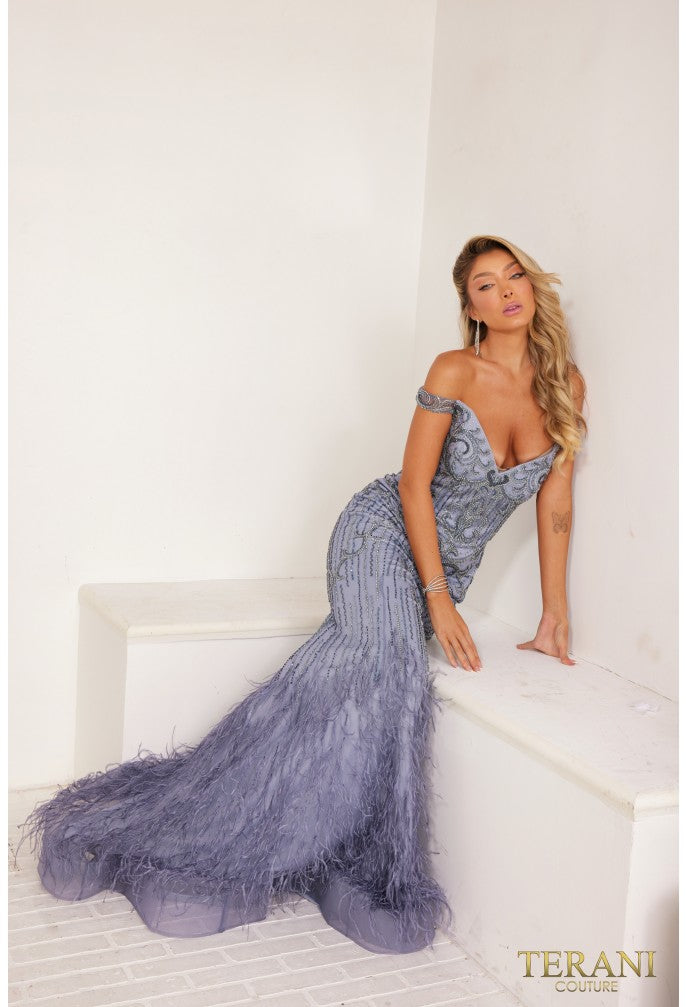 Off Shoulder Mermaid Feather Dress By Terani - 2214gl0113