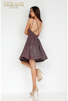 Terani Couture 2225H0457 Elegant Cocktail Prom A-Line Short Wine Formal Glitter Dress
