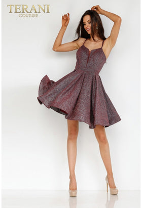 Terani Couture 2225H0457 Elegant Cocktail Prom A-Line Short Wine Formal Glitter Dress