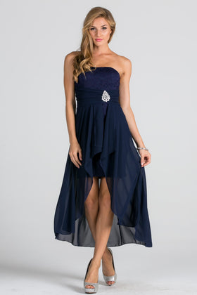 Strapless Lace Chiffon High Low Dress with Rhinestone Waist Brooch by LA Scala 25233