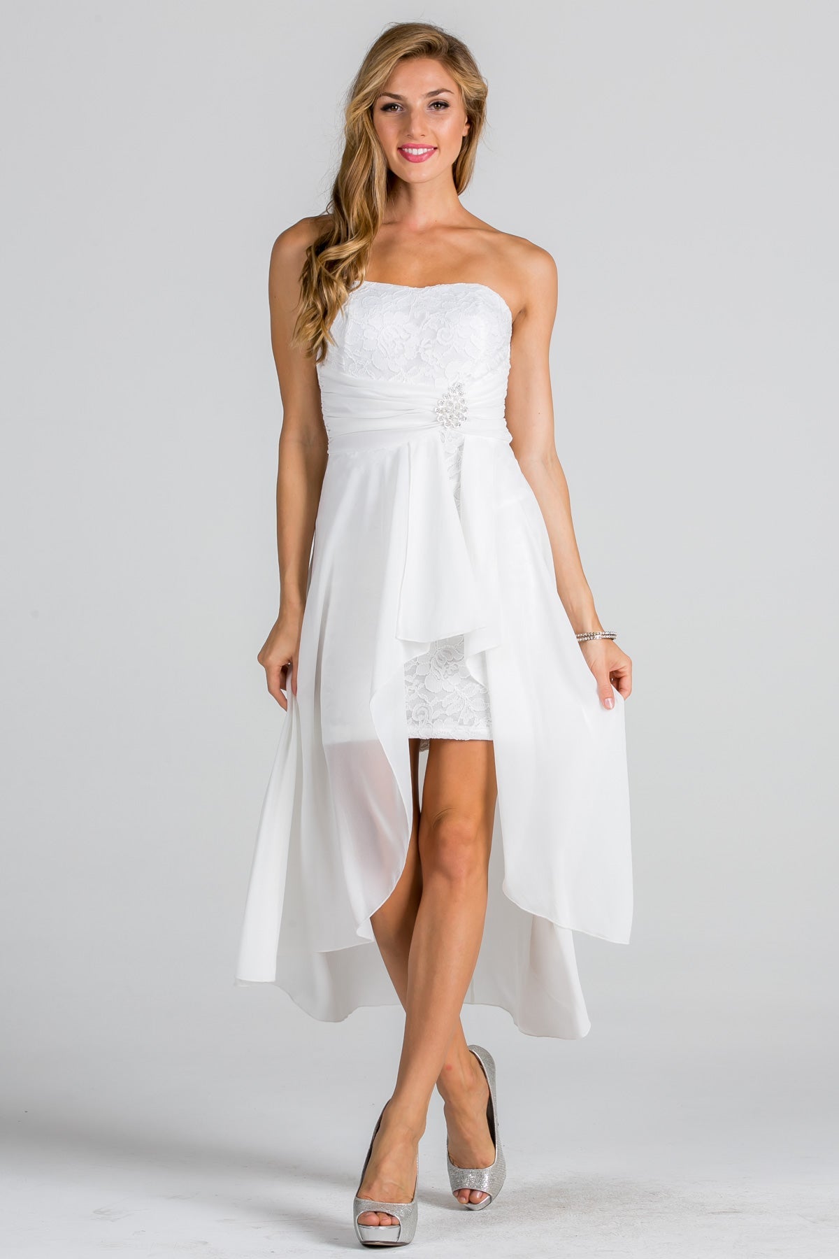 Strapless Lace Chiffon High Low Dress with Rhinestone Waist Brooch by LA Scala 25233