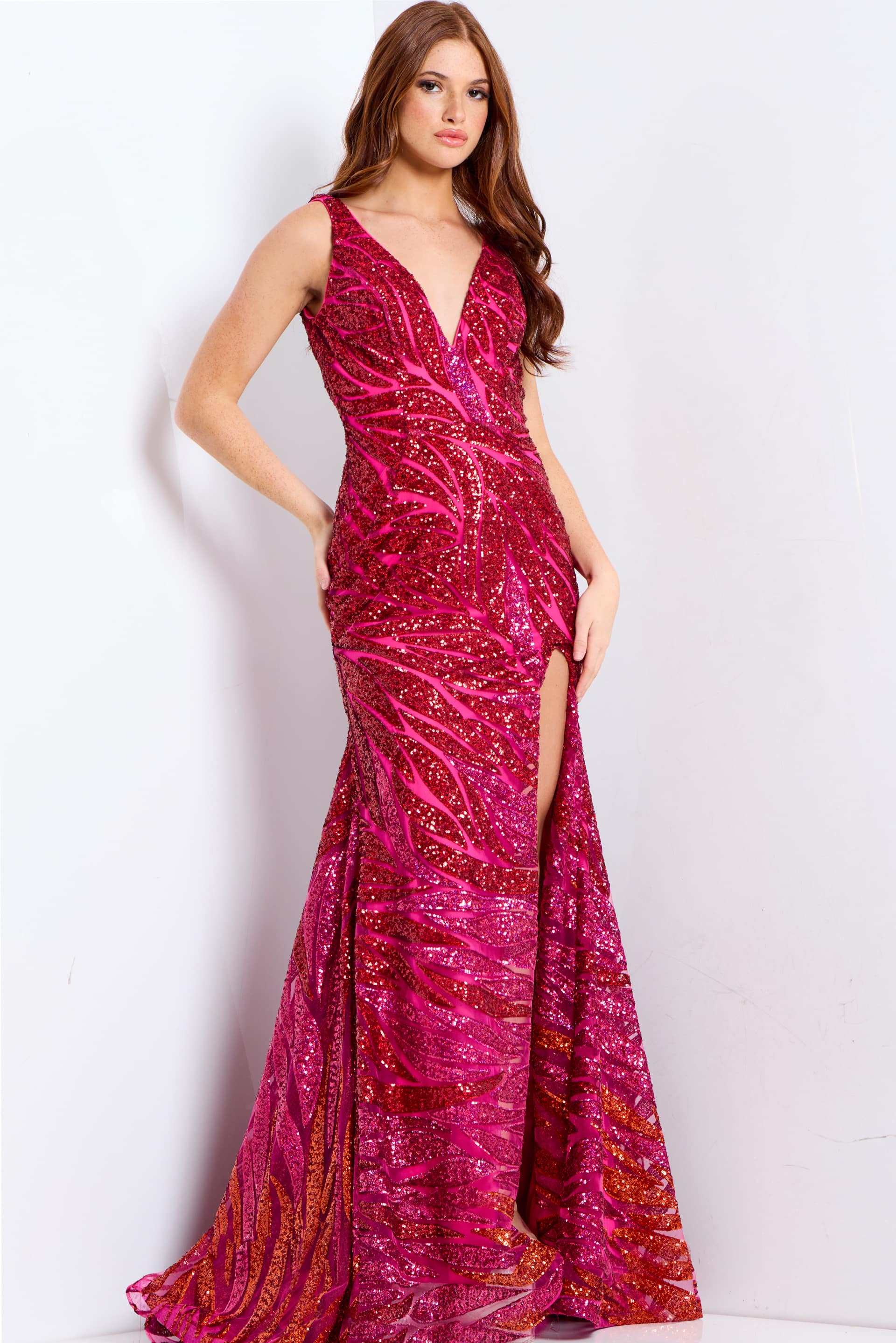 Sequin Gown with Plunging V-Neck Open Back & High Slit Floor Length Formal Dress by Jovani 47682