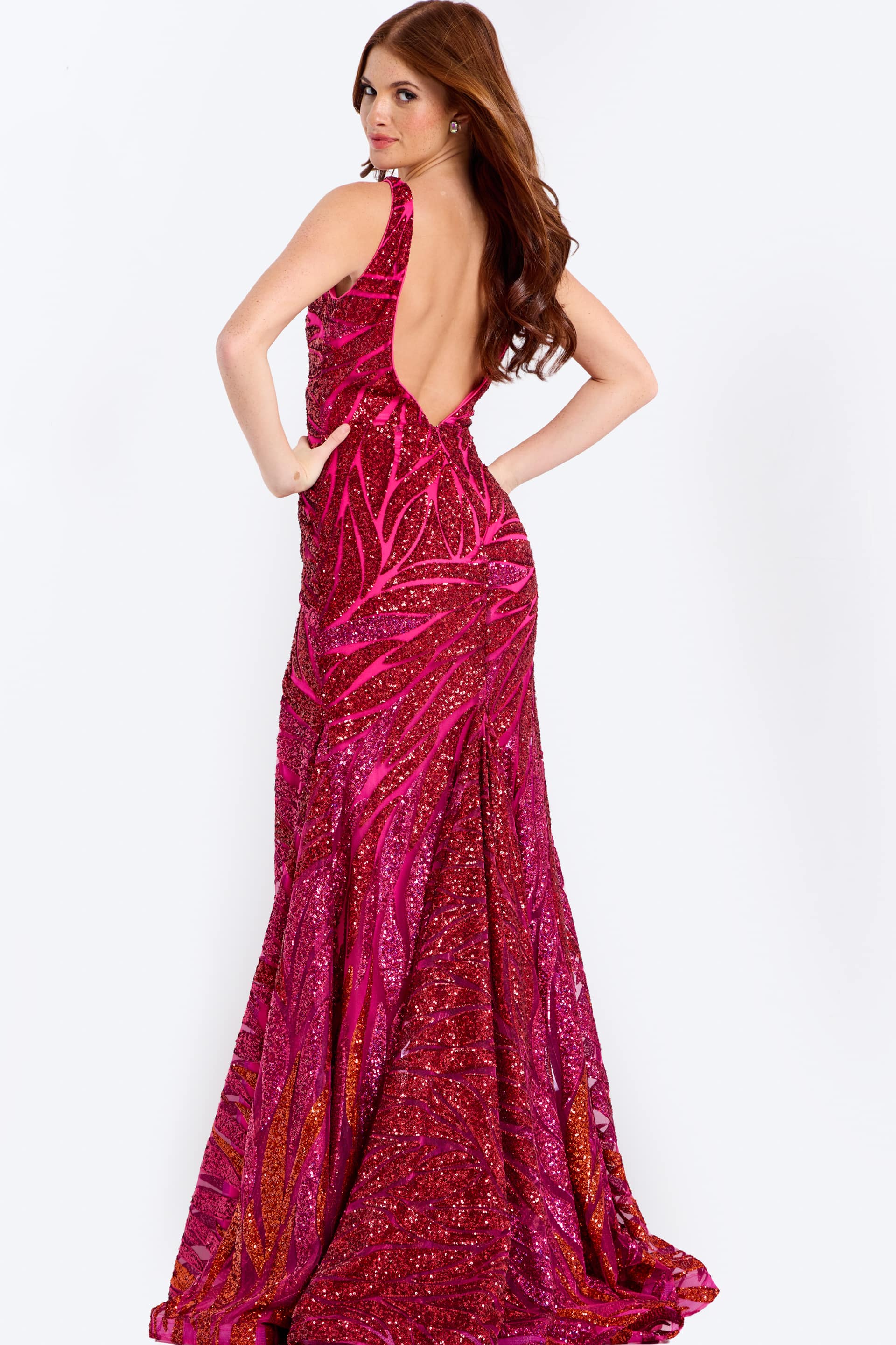 Sequin Gown with Plunging V-Neck Open Back & High Slit Floor Length Formal Dress by Jovani 47682