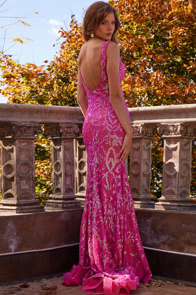 Sequin Lace Evening Gown with Deep V-Neck & Low Back Formal Dress by Jovani 22811