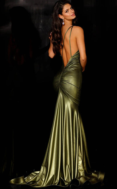 Jessica Angel JA2312 One-Shoulder Trumpet Ruched Train Metal Jersey Dress