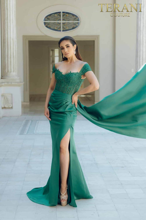 Terani Couture 231P0061 Prom Off-Shoulder Corset Slit Long Evening Matte Satin Dress