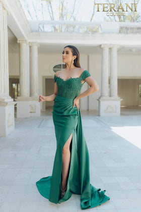 Terani Couture 231P0061 Prom Off-Shoulder Corset Slit Long Evening Matte Satin Dress