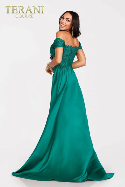 Terani Couture 231P0061 Prom Off-Shoulder Corset Slit Long Evening Matte Satin Dress
