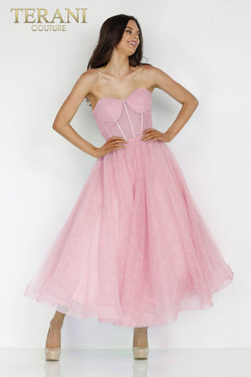 Terani Couture 231P0534 Sophisticated Prom Strapless A-Line Corset Blush Tulle Dress