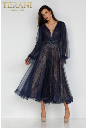 Terani Couture 231C0224 Sophisticated Elegant Cocktail Long Sleeve Formal Lace Dress