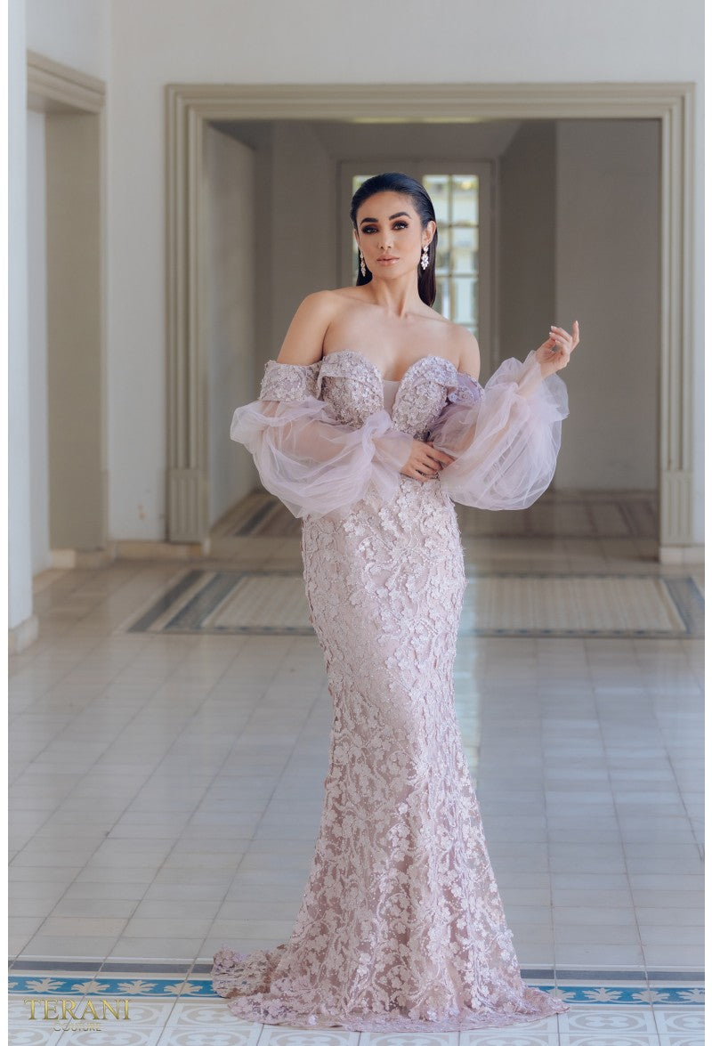 blush beaded maxi dress Prom Off-Shoulder Mermaid Beaded Long Blush Formal Lace Gown 231E0515 by  Terani Couture