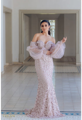Terani Couture 231E0515 Prom Off-Shoulder Mermaid Beaded Long Blush Formal Lace Dress