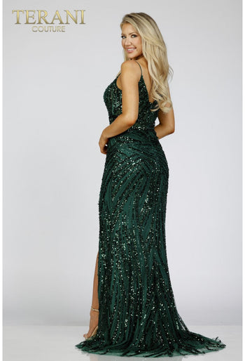 Terani Couture 231E0516 Vestido largo de fiesta con lentejuelas y corte entallado
