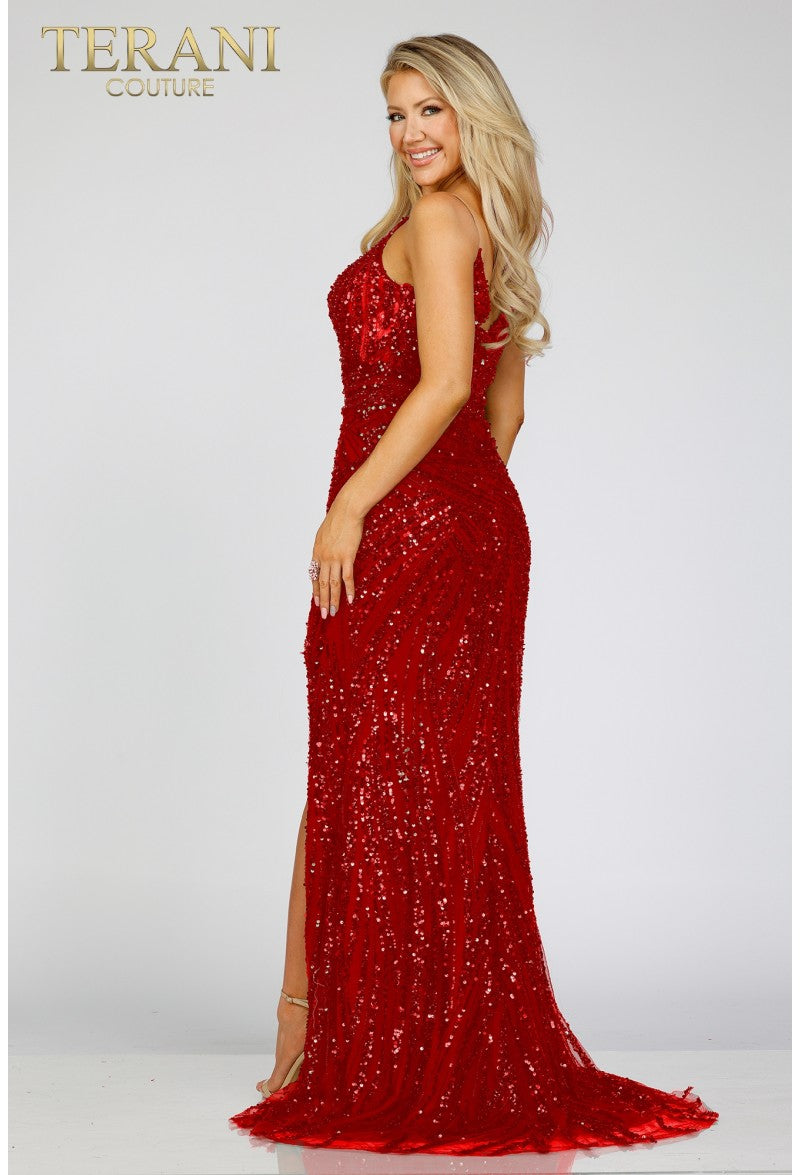 Terani Couture 231E0516 One Shoulder Sequin Fitted Formal Prom Gown