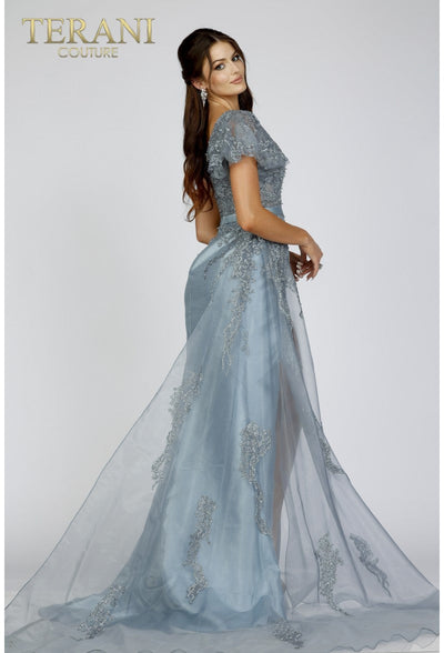 Terani Couture 231E0517 Formal One-Shoulder Sheath Ruffled Beaded Evening Satin Dress