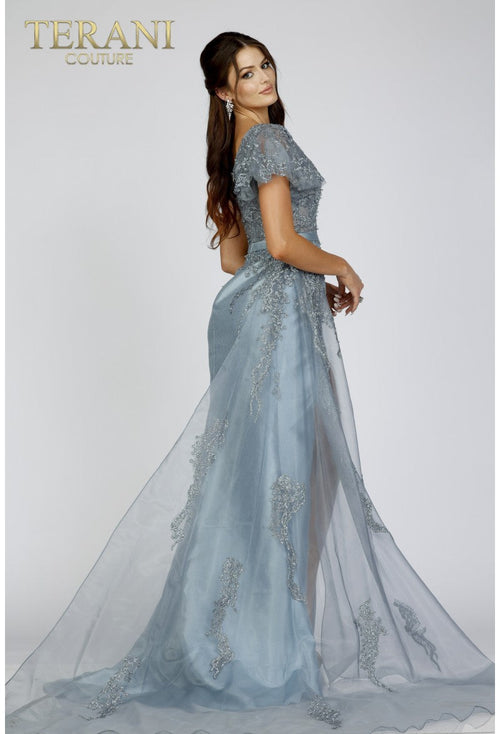 Terani Couture 231E0517 Formal One-Shoulder Sheath Ruffled Beaded Evening Satin Dress